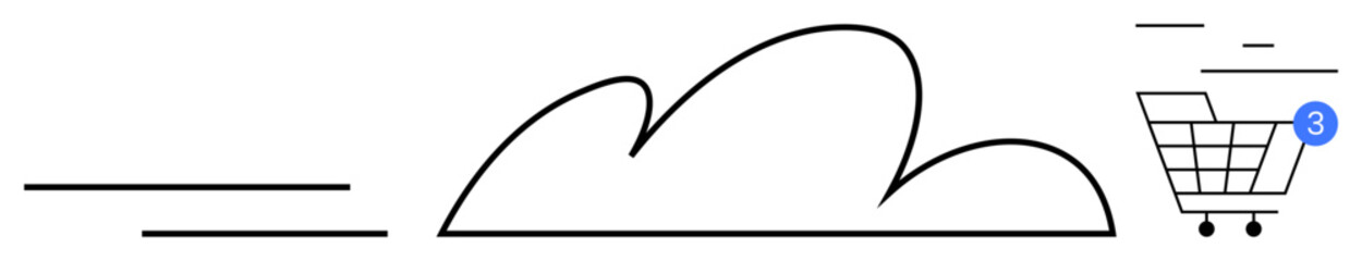 Cloud symbolizes online storage shopping cart features notification bubble with number three. Ideal for e-commerce, cloud computing, online shopping, digital marketing, basket design, technology