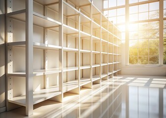 Sun-drenched minimalist room, empty shelves bathed in soft light, showcasing bright interior design.