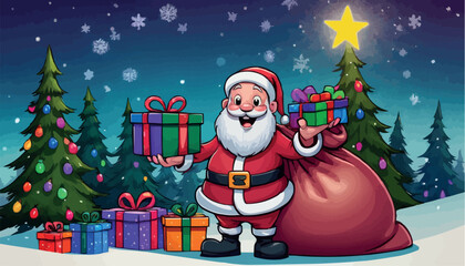 Cartoon Santa in Sleigh Full of Gifts Pulled by Reindeer on a Starry Winter Night