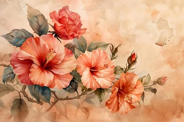 Watercolor painting of coral hibiscus and roses on a beige background.