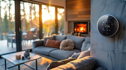 Smart thermostat on wall in modern living room with fireplace and sunset view.