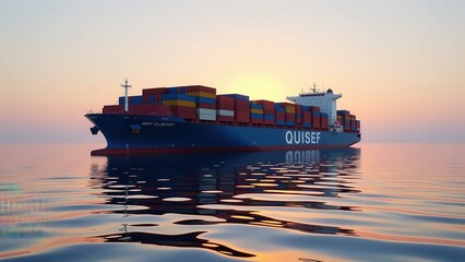 features a cargo ship sailing through calm waters, with numerous shipping containers stacked on its deck. the large blue vessel bears the name "anity clacief" and a partial view of the word "quisef",