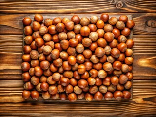 Stunning food photography: Hazelnuts arranged on a wooden table, long exposure, high-resolution detail.