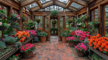 Obraz premium A vibrant greenhouse filled with colorful flowers and plants, showcasing nature's beauty.