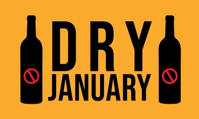 Dry january, No alcohol during this. Stop drinking or alcohols drink. People to abstain from alcohol for the month of January. Yellow background. Flat design. 