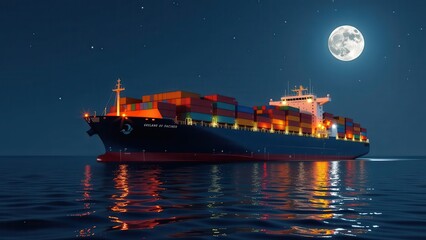 features an ocean freighter ship sailing at night, with a full moon shining brightly in the sky above. the ship is fully loaded with shipping containers and lit up with bright lights along its hull.