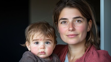 A woman with light skin and long brown hair holds a baby with big eyes, both sharing a soft, gentle expression.