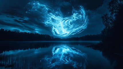 A towering structure near a dark lake, with swirling blue and white flames that cast an eerie glow over the still water.