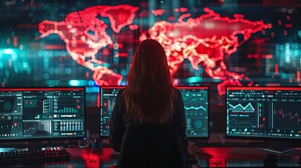 Woman monitoring global network security threats on multiple screens.