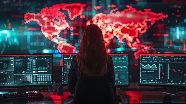 Woman monitoring global network security threats on multiple screens.