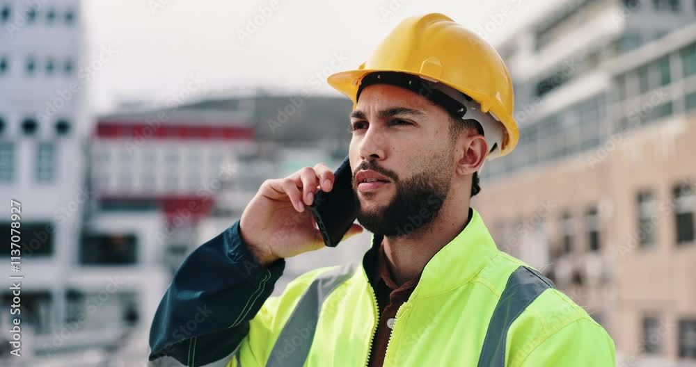 Poster Architecture, phone call and man with tablet, construction site and communication for project. Digital app, inspector and engineering with tech, cellphone and connection with building development