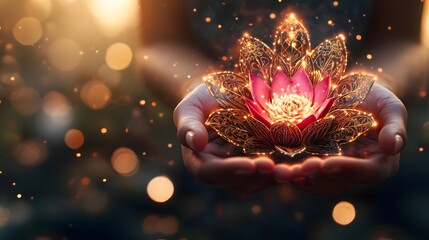 Glowing Lotus Flower Held in Gentle Hands