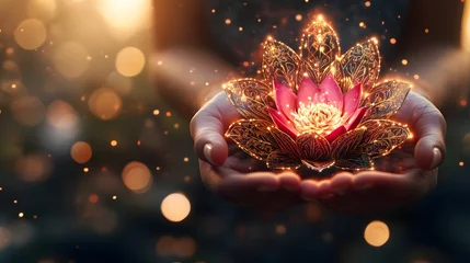 Glowing Lotus Flower Held in Gentle Hands