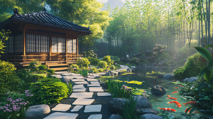 Obraz premium A traditional Japanese teahouse in a zen garden, surrounded by stone paths, koi ponds, and bamboo trees.