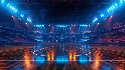 Empty basketball arena with bright stage lighting.
