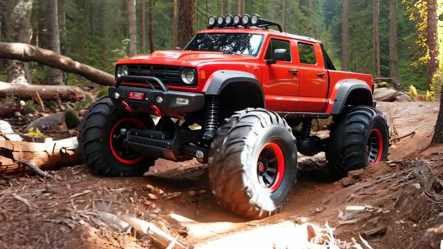 A red monster truck with huge tires is driving on a dirt road. Scene is adventurous and exciting