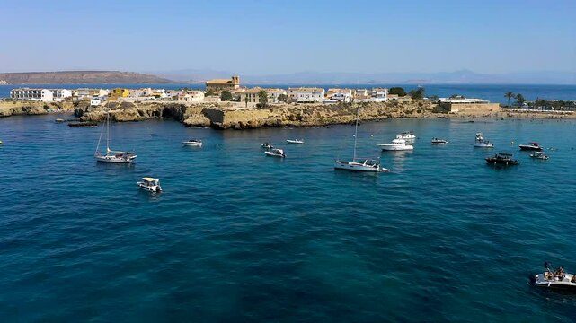 Aerial view of the antique town of the Mediterranean touristic island of Tabarca, in the Mediterranean coast, Alicante, Spain.