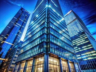 Modern architecture's glass tower shines, a beacon in the urban night, its lights reflecting the city below.