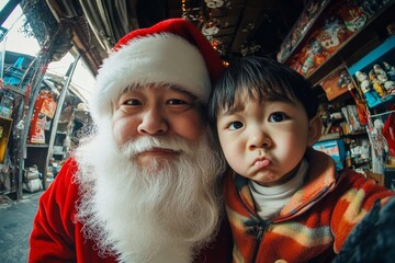 Xmas ad idea photo shot for advertisement and social platforms use. Lively christmas, Ñute child boy discontented with santa claus. Xmas photo ads. Winter wonderland ads. Cute baby santa clau.