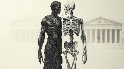 Fototapeta premium striking Gothic illustration showcases statue one side portraying athletic figure in dark garments and armor while other displays skeletal form haunting skull.