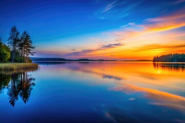 Obraz premium Serene sunset paints the tranquil lake, minimal ripples mirroring peaceful twilight skies.