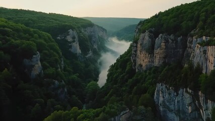 Aerial View of Majestic Canyon with Misty River at Sunrise