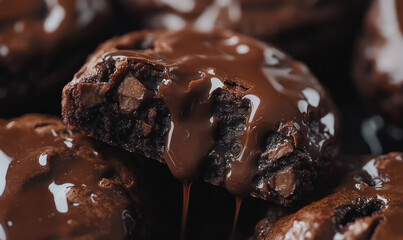 close-up of chocolate cookie with melted dripping chocolate creating delicious texture and rich dessert detail