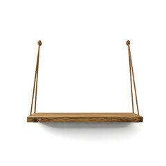 empty wooden hanging shelf with rustic rope suspended against plain transparent background isolated for product display