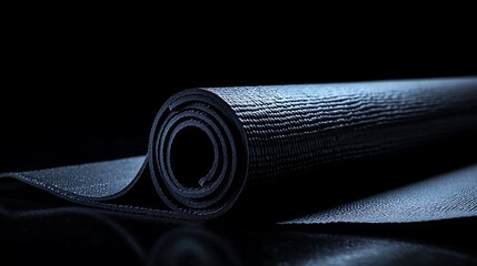 Rolled Black Yoga Mat Dark Background Studio Shot