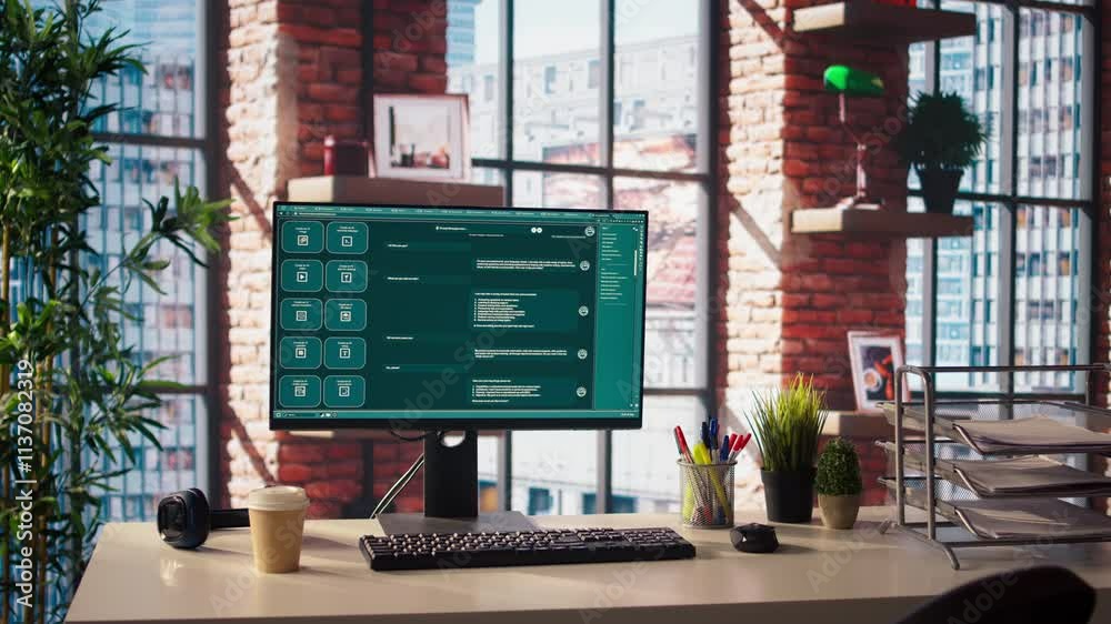Poster ai llm chatbot answering user prompts using predictive technology in home office. computer setup in 