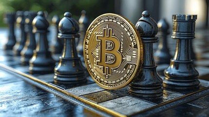 sleek chessboard features strategically placed Bitcoin symbols amidst black and white pieces embodying sophistication strategy and contemporary business success.