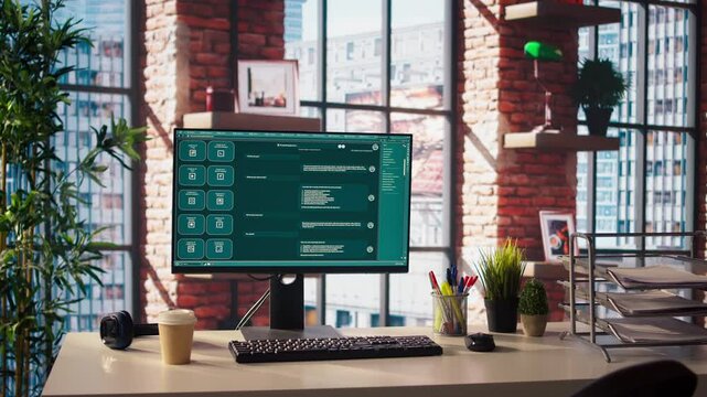 AI LLM chatbot answering user prompts using predictive technology in home office. Computer setup in apartment workspace using large language model program with artificial intelligence