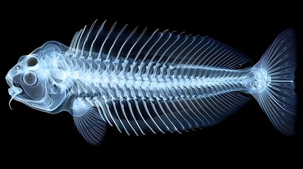 X-ray image of a fish skeleton, showing detailed bone structure against a black background.