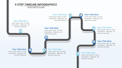 9 Steps Infographic Timeline with Editable Text on a 16:9 Layout for Business Presentation, Poster, Banner and Booklet.