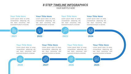 8 Steps Infographic Timeline with Editable Text on a 16:9 Layout for Business Presentation, Poster, Banner and Booklet.