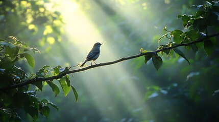Obraz premium Small bird perched on branch in sunlit forest