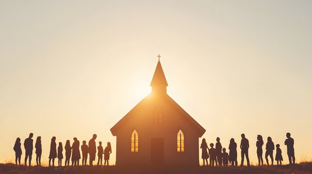 Sunset silhouettes of families near a church building