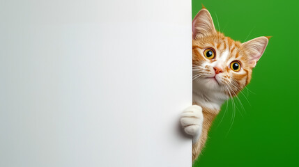 Cat peeking out of the side of a white wall with space for text on a green background