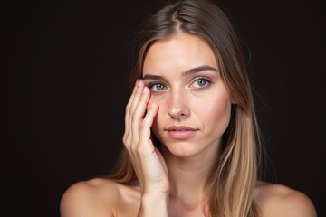 Fototapeta premium Elegant Young Woman with Blonde Hair and Blue Eyes Posing for a Professional Portrait on a Black Background, Perfect for Advertising and Marketing Campaigns