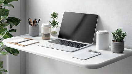 Fototapeta premium Minimalist Home Office Desk Setup Laptop Plants Coffee