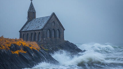 A weathered chapel perched on a rocky shore, battered by relentless waves.