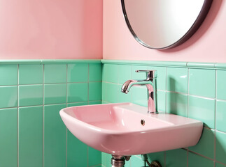 Retro pink bathroom sink with chrome faucet and circular mirror on mint green tiled wall