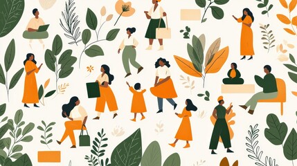 Obraz premium Women in Orange Dresses Surrounded by Green Leaves and Nature Elements