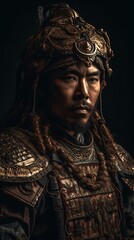 Powerful Asian Warrior in Ornate Bronze Armor and Helmet