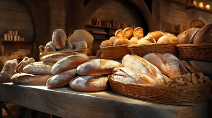 A photo of a display of artisanal bread in wooden crack