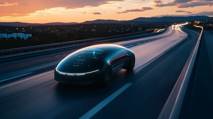 Obraz premium Futuristic Autonomous Vehicle Driving at Sunset