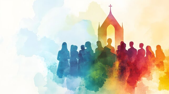 Colorful Silhouette of Congregation at Church Building