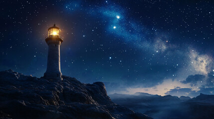 A wind-battered lighthouse on a rocky desert ridge, its beacon faint against the vast night sky.