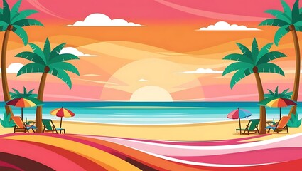 Obraz premium Idyllic Tropical Beach Sunset Scene With Palm Trees