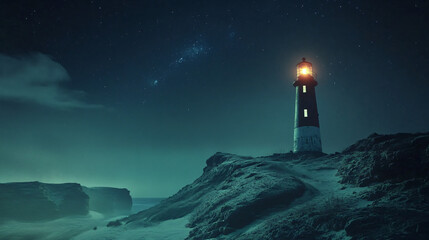 A wind-battered lighthouse on a rocky desert ridge, its beacon faint against the vast night sky.